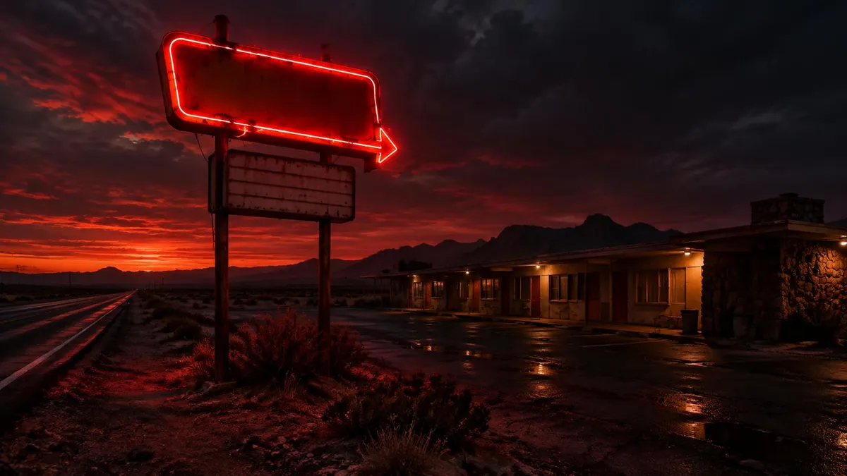 A desert roadside motel under a red neon sign at dusk; Ledger of Hollywood editorial illustration, not American Horror Story artwork