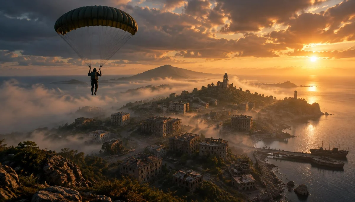 Editorial illustration of a parachutist descending over an abandoned island town at sunset, evoking the battle royale world of PUBG