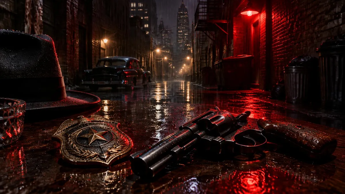 A police badge and revolver in a rain-soaked noir alley; Ledger of Hollywood editorial illustration, not artwork from the film