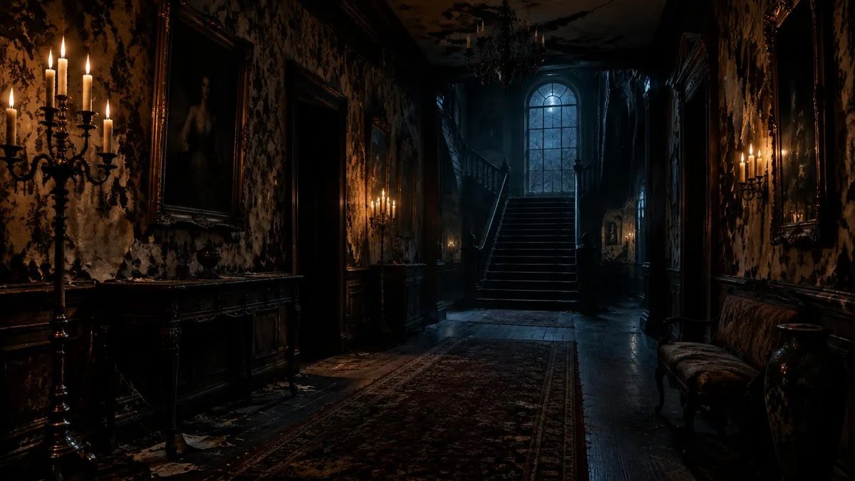 A candlelit, decaying mansion hallway at night; Ledger of Hollywood editorial illustration, not American Horror Story imagery
