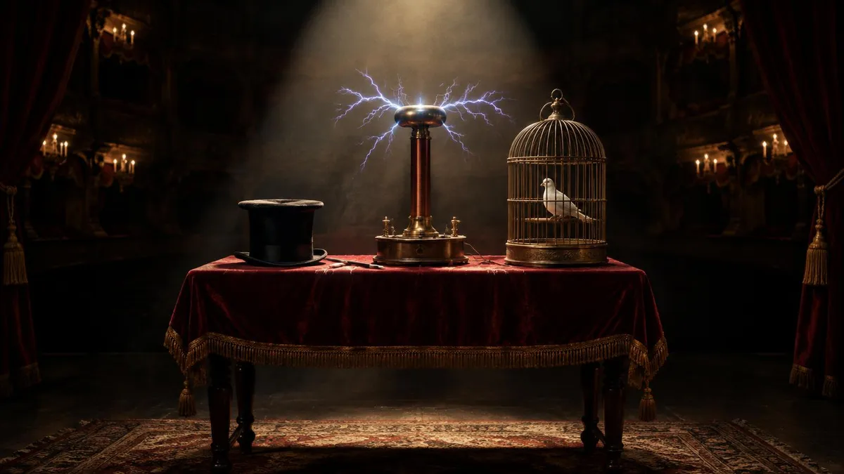 A Victorian stage magician's table with a top hat, sparking coil and birdcage; Ledger of Hollywood editorial illustration, not a still from The Prestige