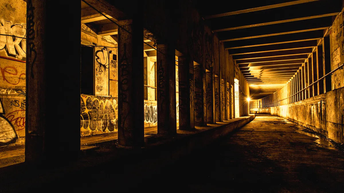 An unused, graffiti-covered subway tunnel provision beneath New York City; illustrative stock photograph, not an image from Molepeople