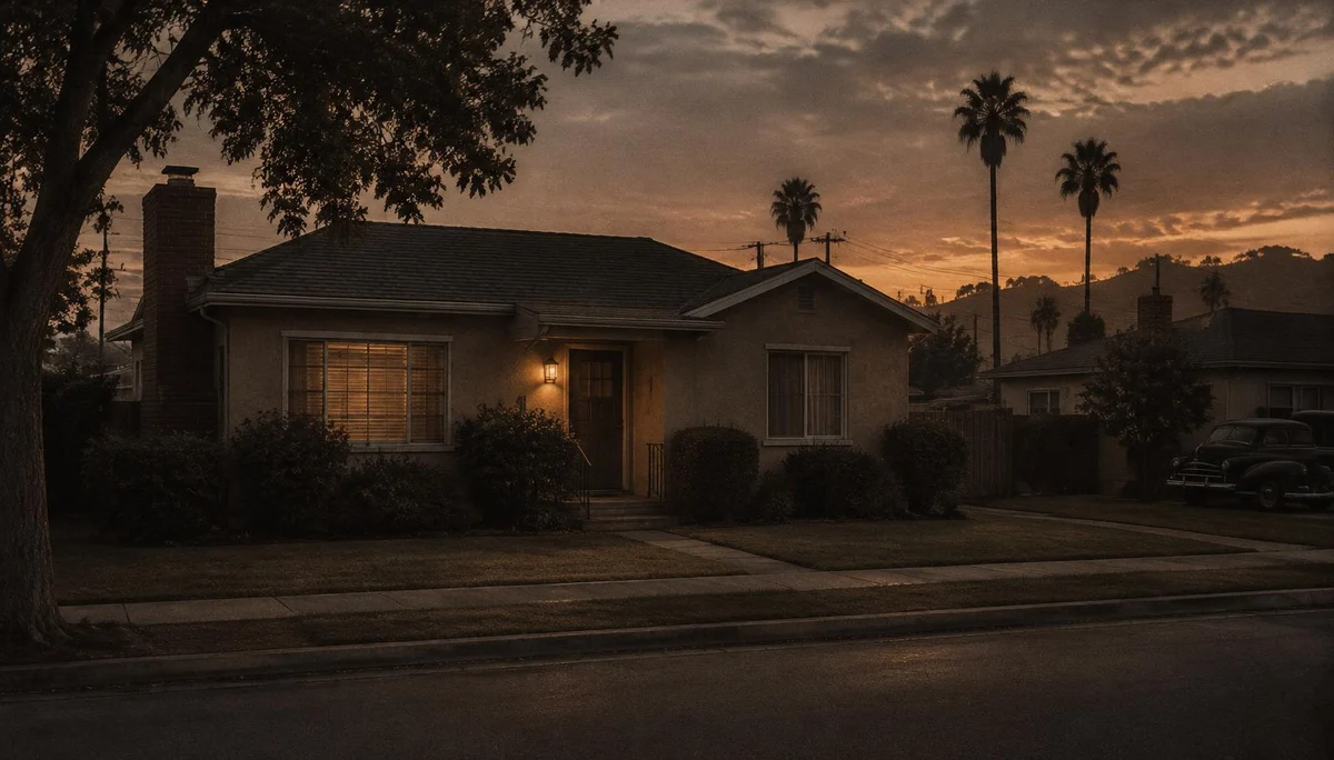 A 1940s Southern California family home at dusk, evoking the Short family's Fontana neighborhood