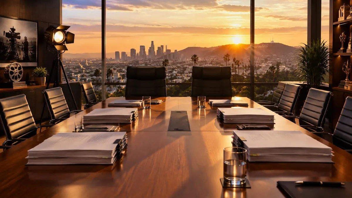 A studio executive boardroom with scripts overlooking Los Angeles; Ledger of Hollywood editorial illustration, not an Amazon MGM Studios office