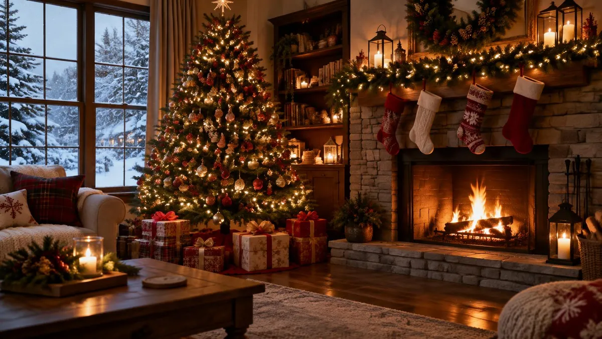 A decorated Christmas tree and fireplace in a cozy living room; Ledger of Hollywood editorial illustration, not Scout Elf Squad artwork