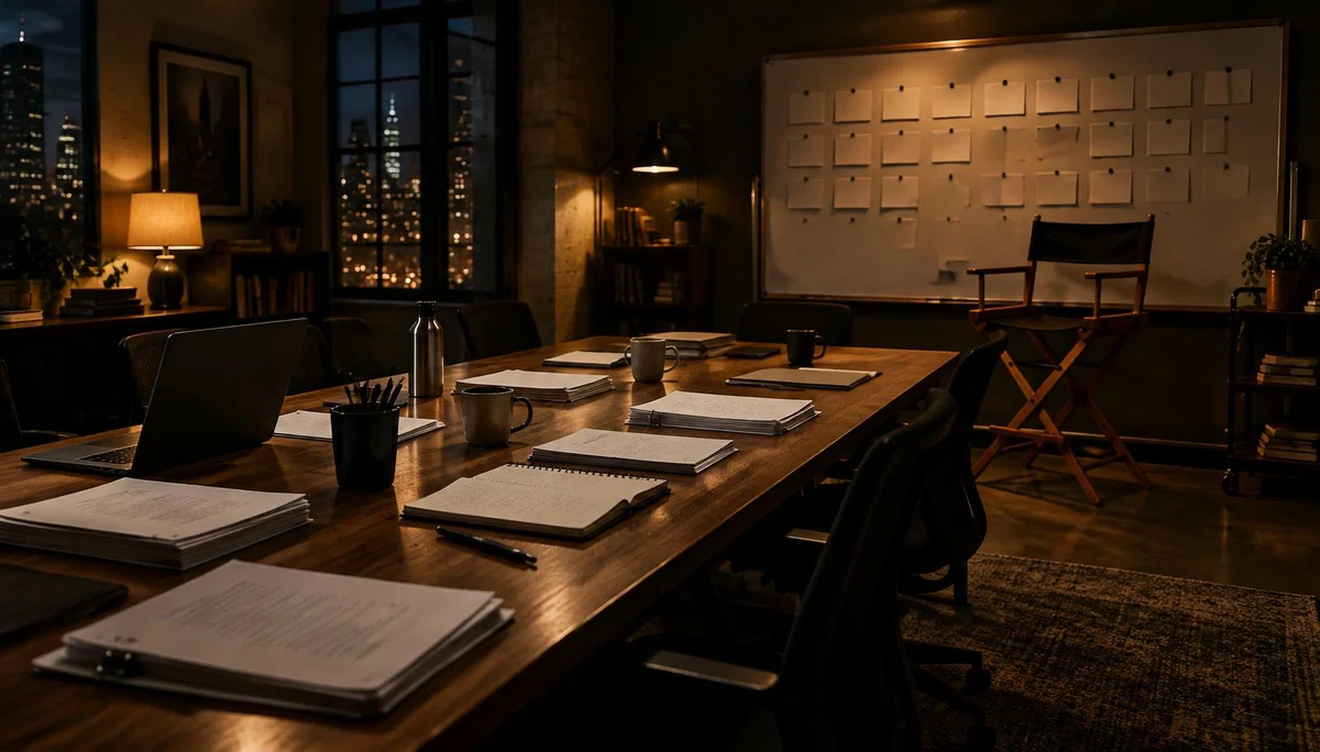 Editorial illustration of an empty television writers' room at night, evoking the paused writers' room on Peacock's The Chairman