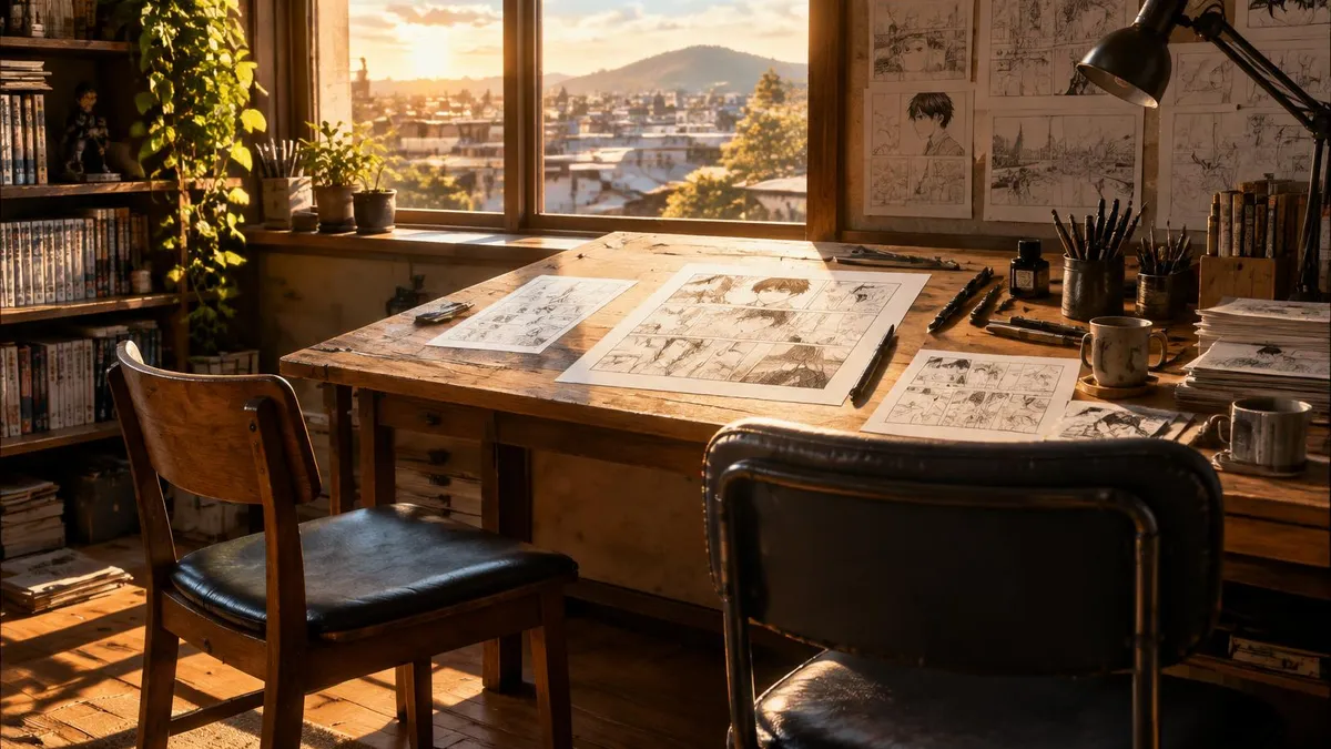 Manga pages and ink pens on a sunlit drawing desk; Ledger of Hollywood editorial illustration, not a still from Look Back