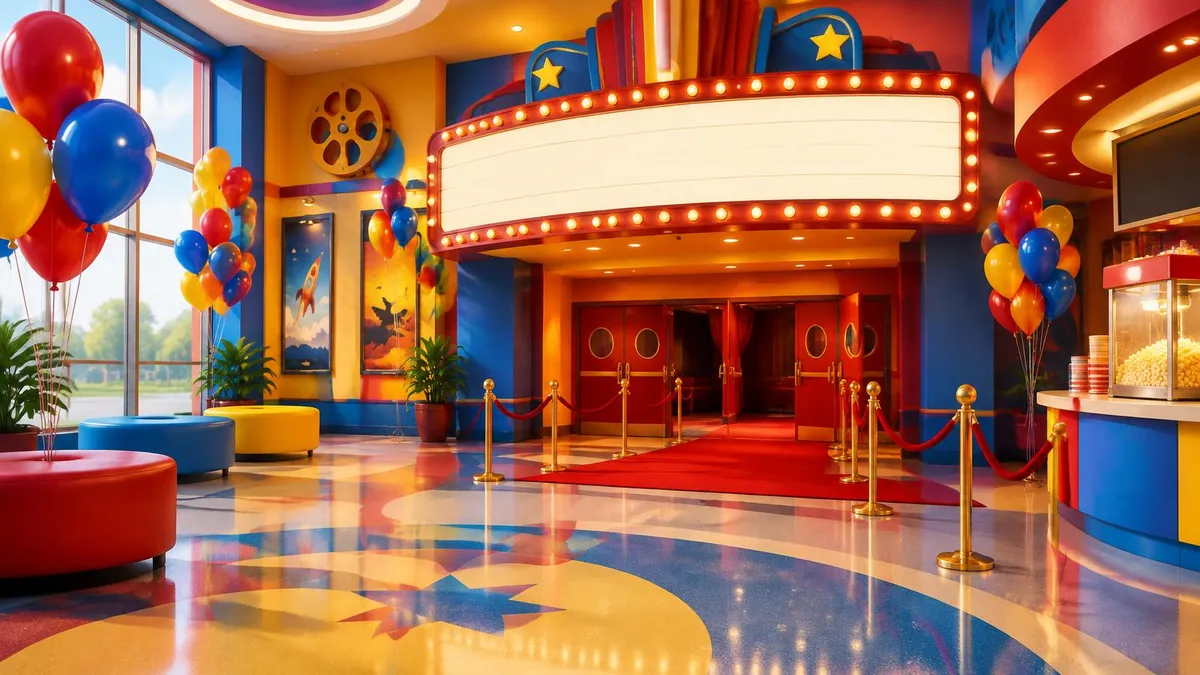 A colorful family-film cinema lobby with balloons and a blank marquee; Ledger of Hollywood editorial illustration, not PAW Patrol artwork