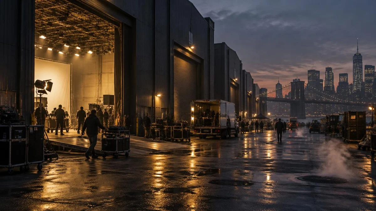 Editorial illustration of a waterfront New York soundstage complex at blue hour, with crew and equipment outside open stage doors and the Manhattan skyline across the water