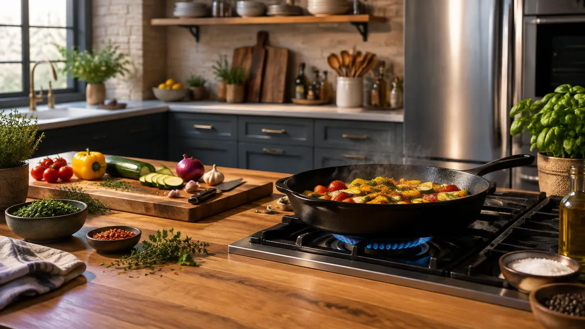 A skillet of vegetables cooking on a kitchen stovetop; Ledger of Hollywood editorial illustration, not an image from the series