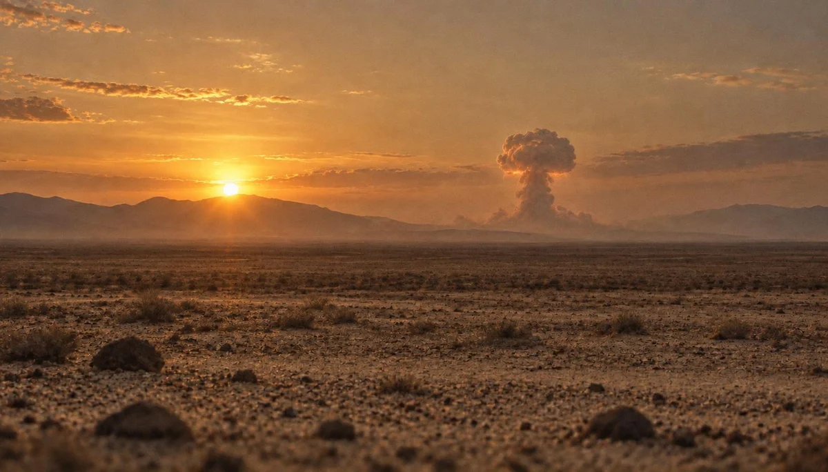 Editorial illustration of a nuclear test cloud rising over the Algerian Sahara