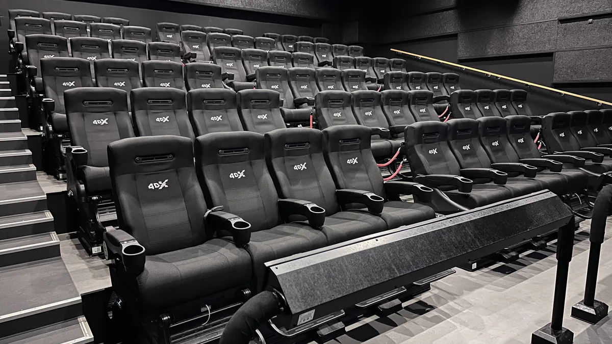 Rows of 4DX motion seats in a cinema auditorium in Tønsberg, Norway; illustrative stock photograph, not a Wicker screening