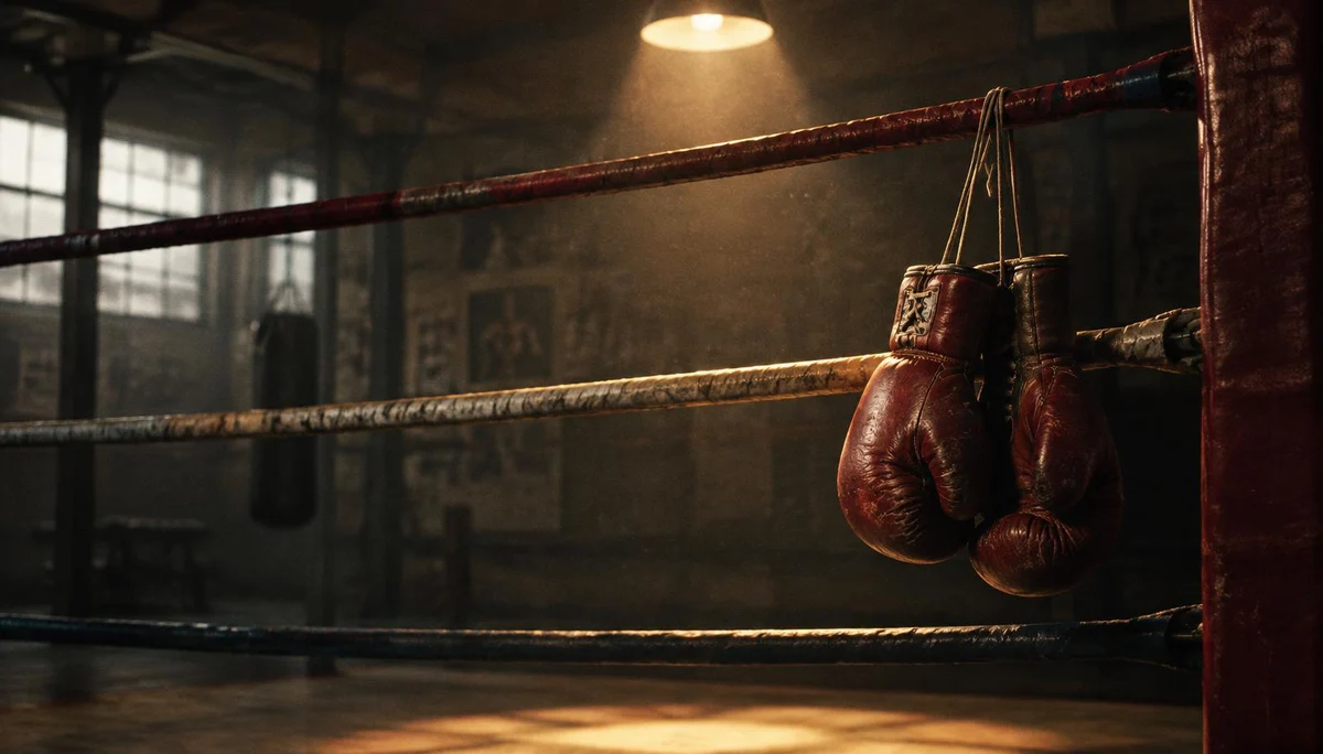 Editorial illustration of vintage boxing gloves hanging on ring ropes, evoking Prime Video's The Greatest