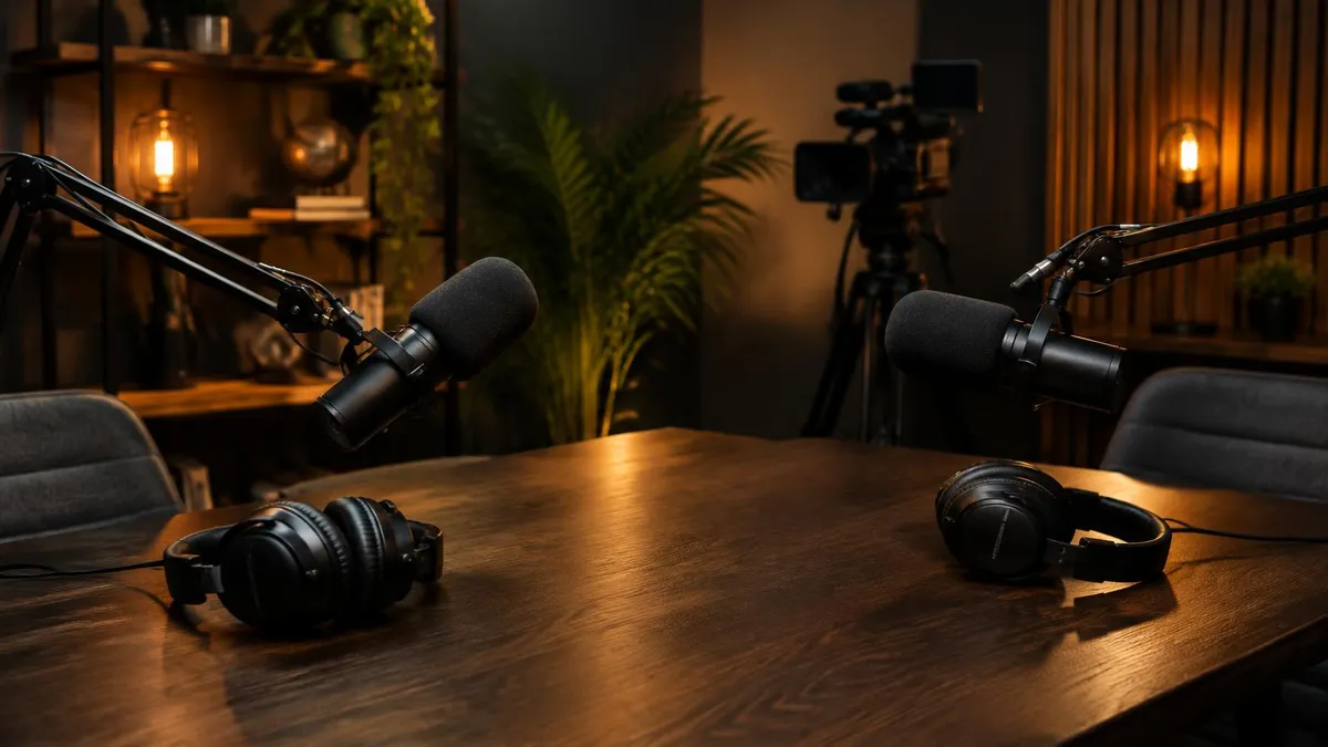 Two podcast microphones and headphones on a studio table; Ledger of Hollywood editorial illustration, not an image of Rob Lowe or his podcast