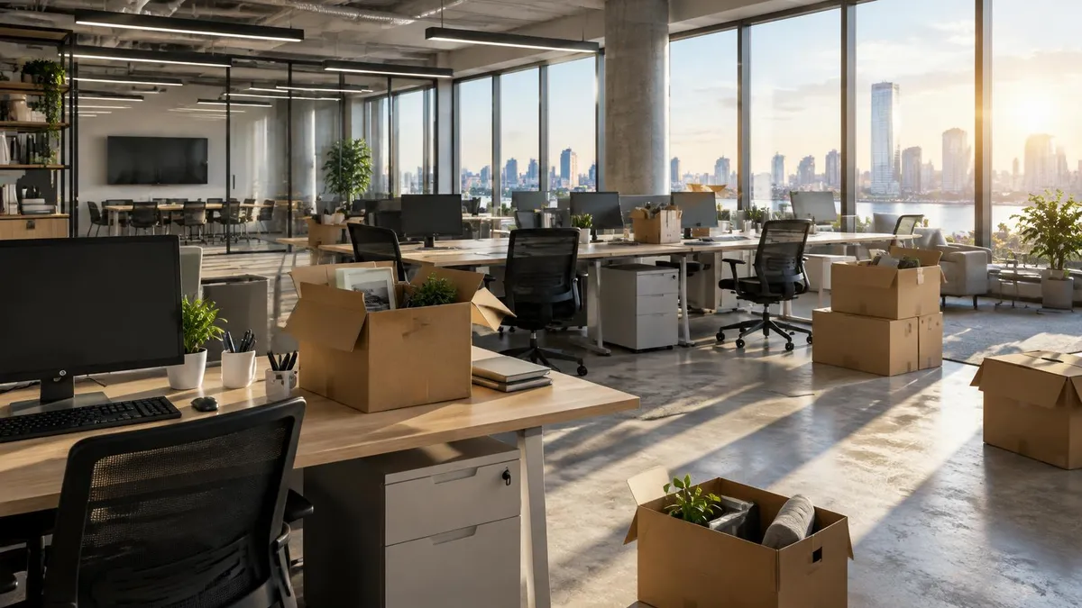 An emptied open-plan office with packed boxes at sunrise; Ledger of Hollywood editorial illustration, not a Hello Sunshine office