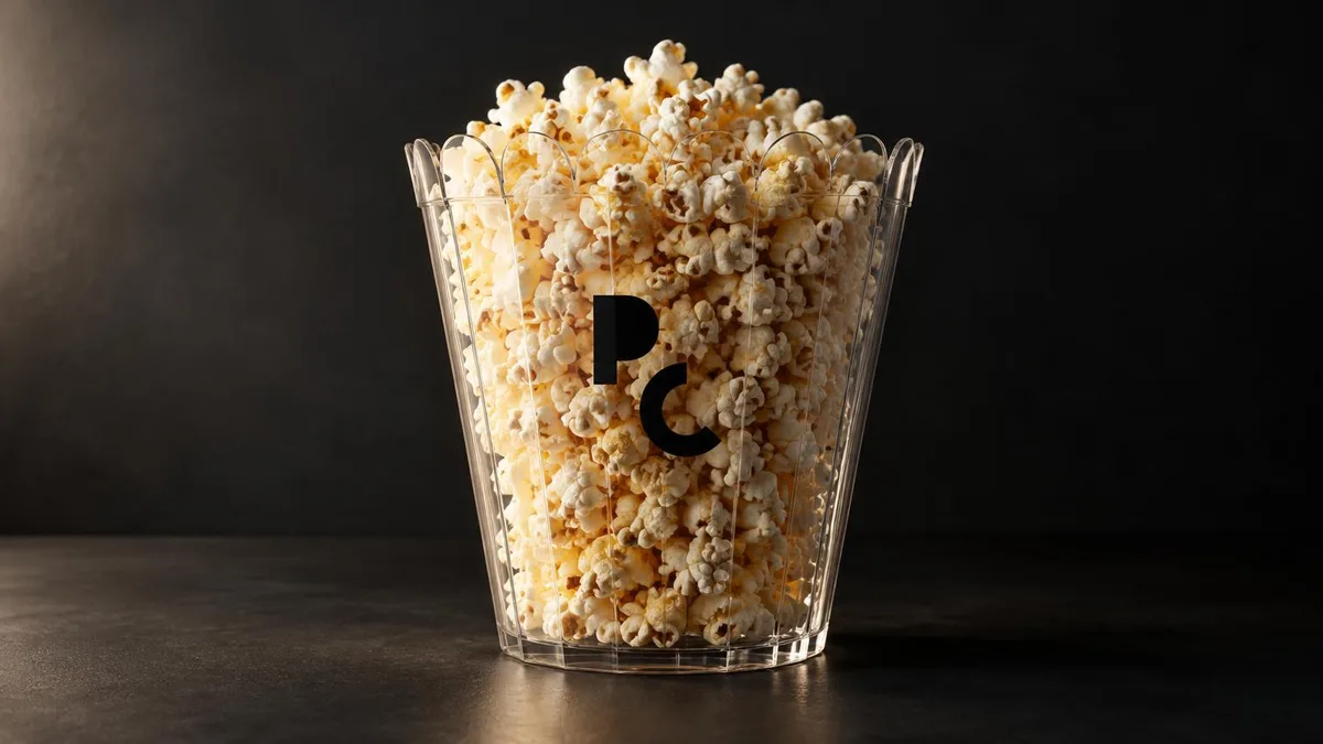 Editorial illustration of a transparent scalloped popcorn bucket filled with popcorn against a dark backdrop, evoking A24's You Can See Everything collectible; not the official A24 product photograph