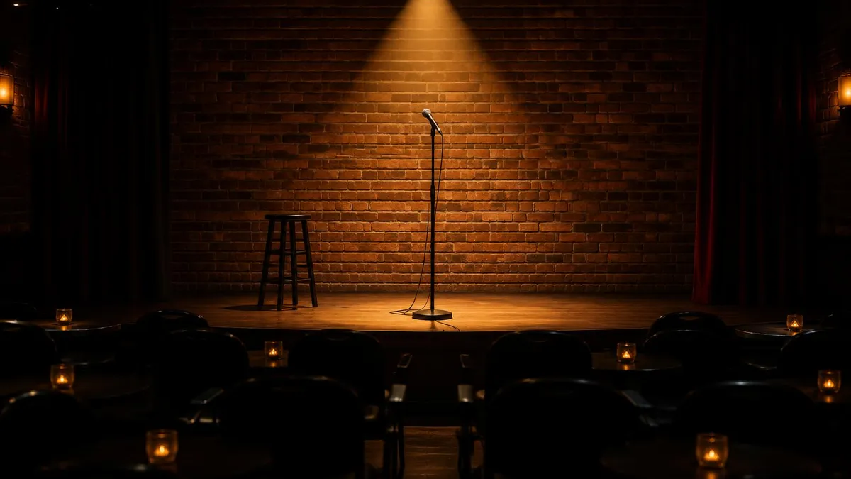 A microphone under a spotlight on an empty comedy club stage; Ledger of Hollywood editorial illustration, not an image from the series