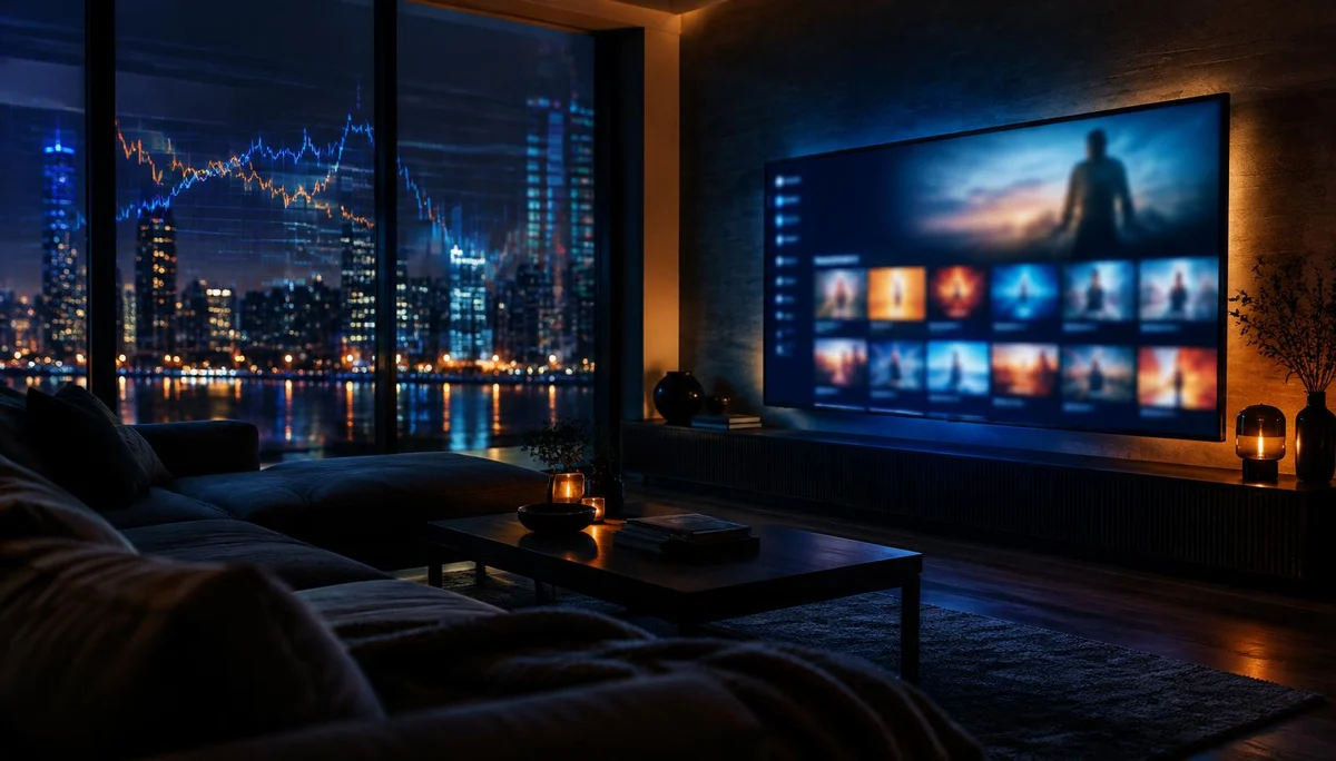 Editorial illustration of a streaming interface glowing on a living room television at night, evoking Amazon's Prime Video business